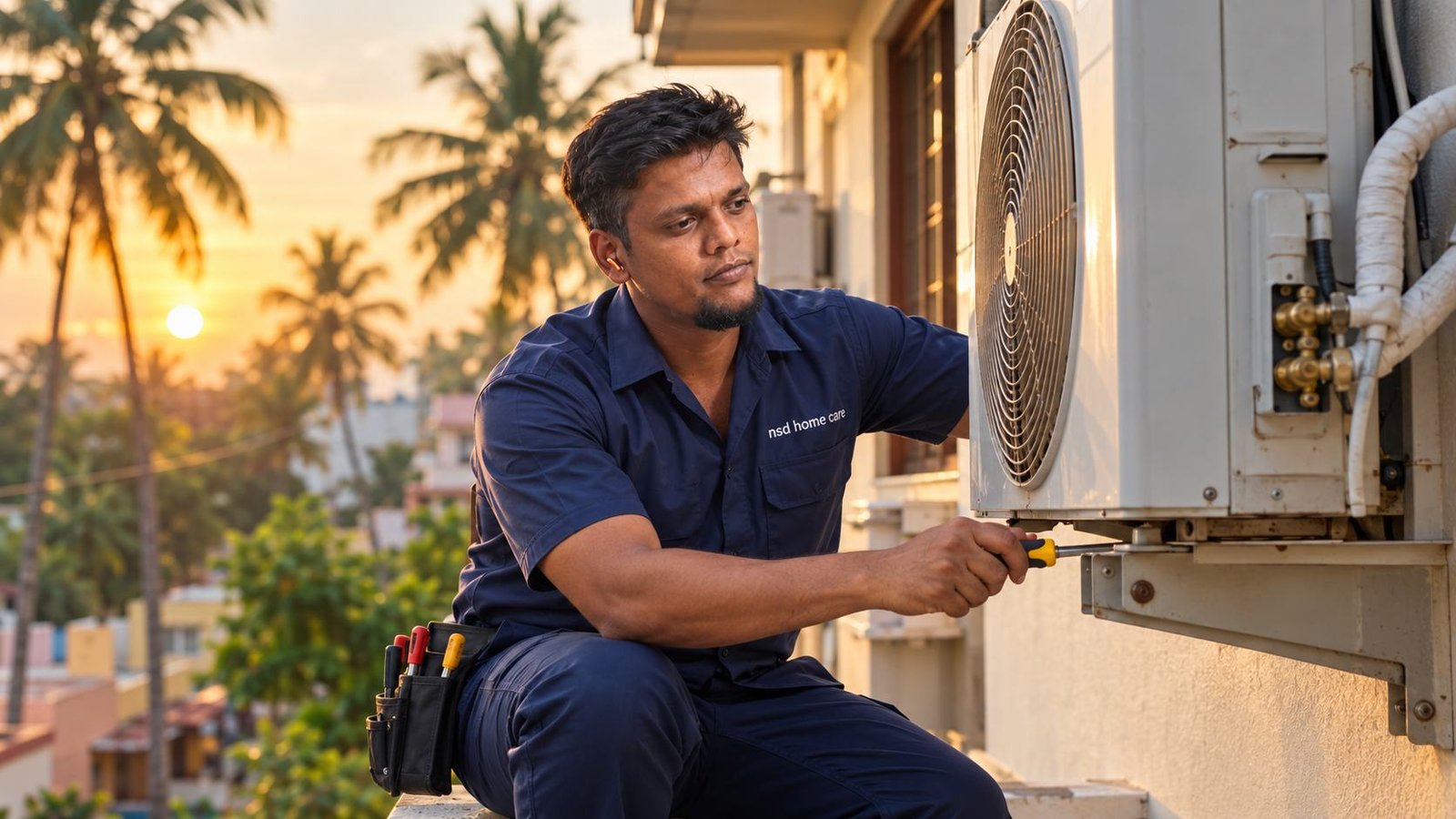 NSD Home Care technician servicing an outdoor AC unit in Chennai at sunset