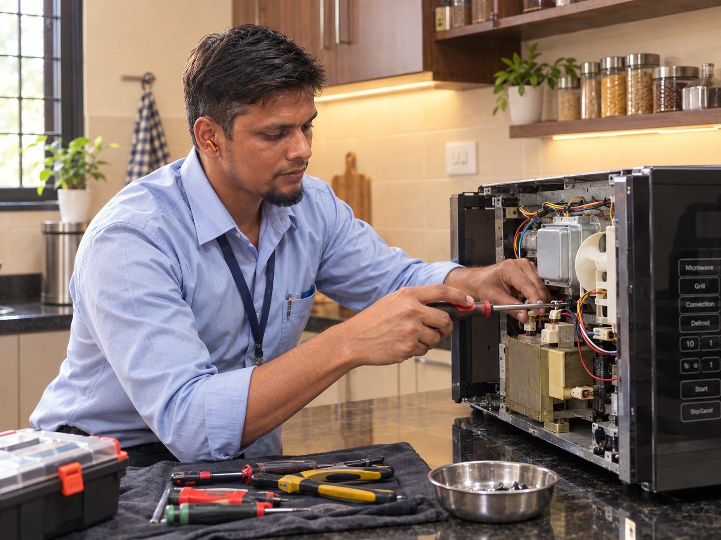 Technician repairing a microwave oven on a kitchen counter