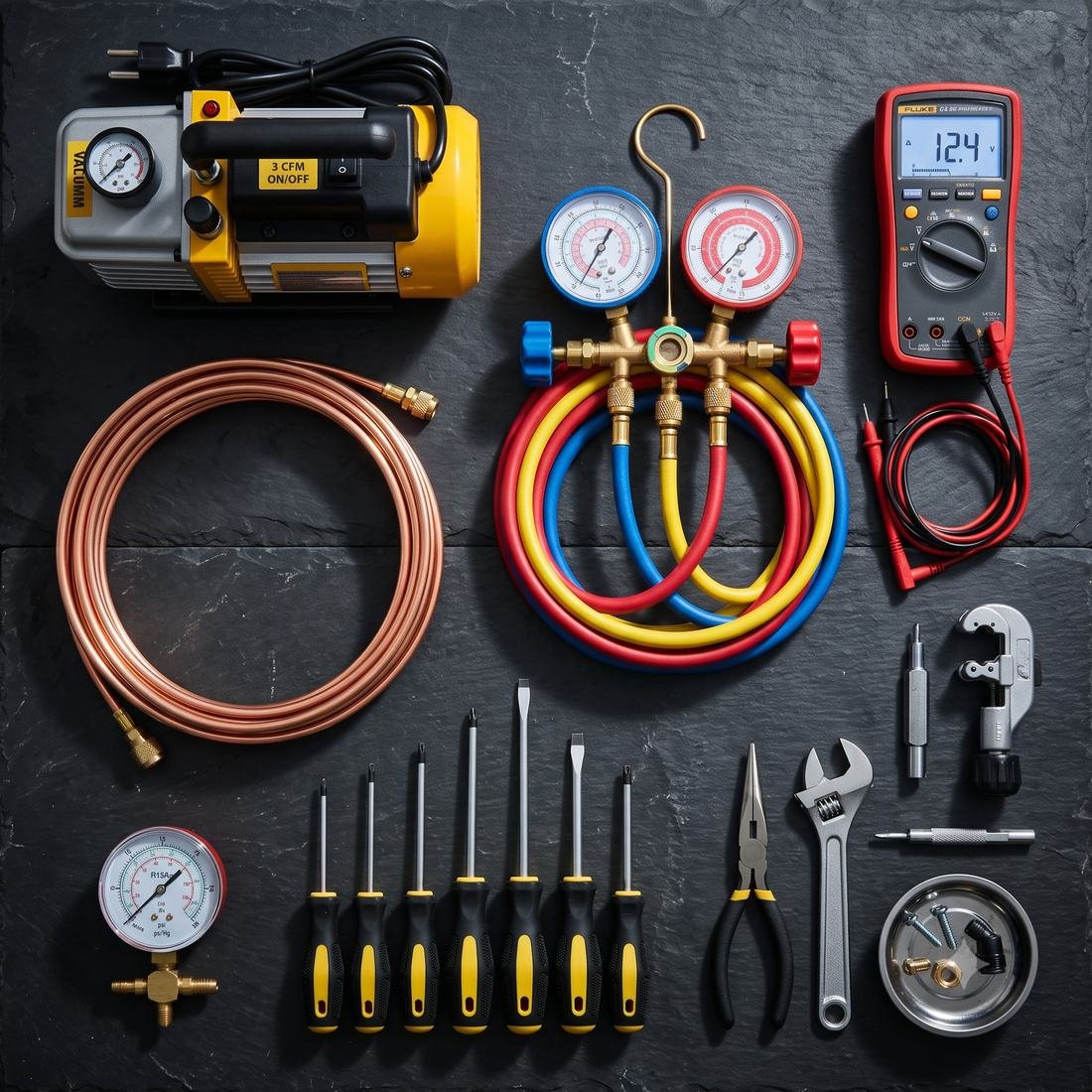 Appliance repair tool kit: vacuum pump, gauge manifold, multimeter, copper line set