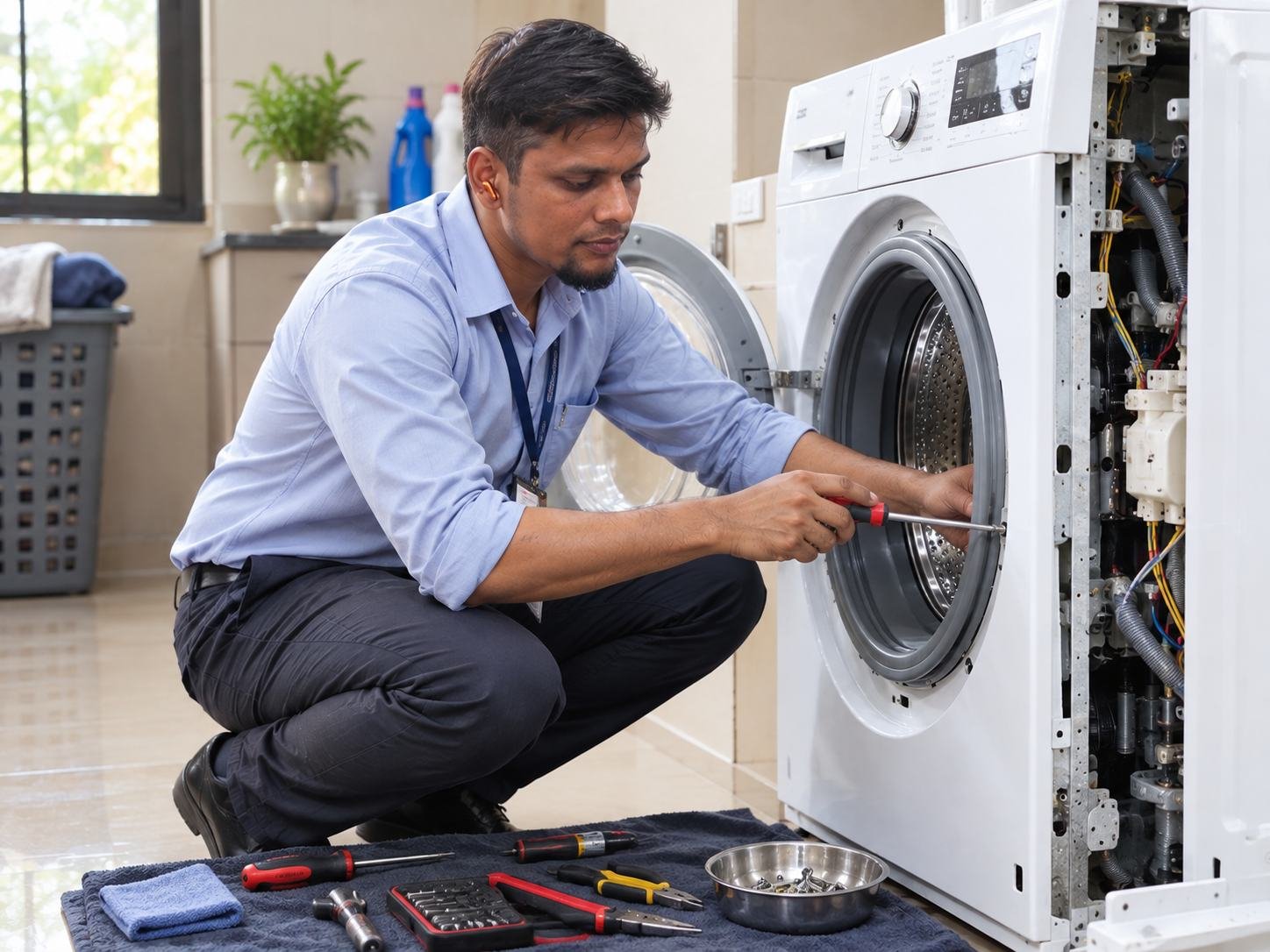 Technician opening a front-load washing machine for repair